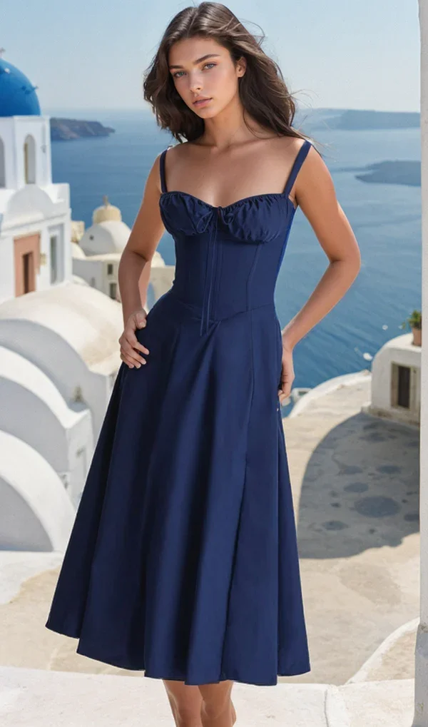 NAVY MAXI BUSTIER FLARED DRESS