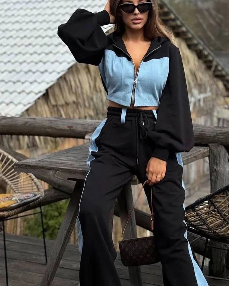 Color blocked Black Fleece Cropped oversized hoodie Co-ord Set.