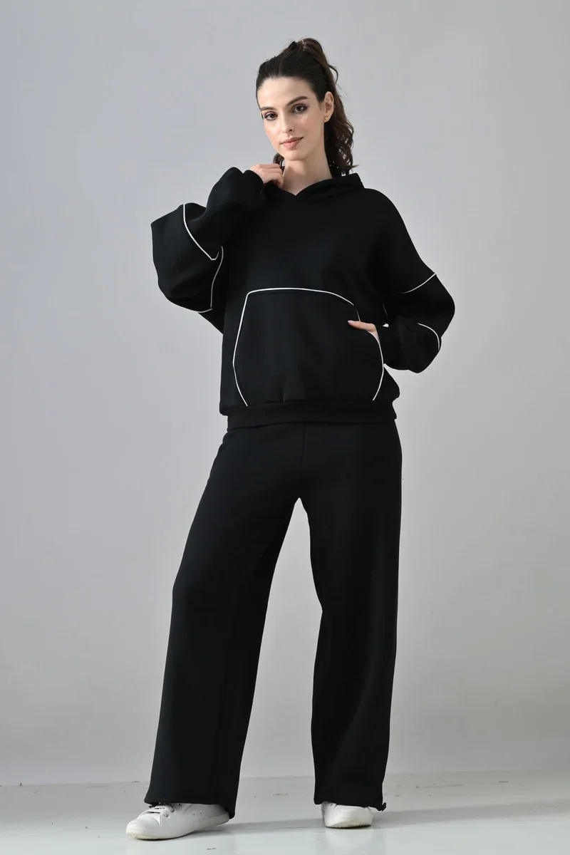 Piping detailed Black Fleece oversized hoodie Co-ord Set.