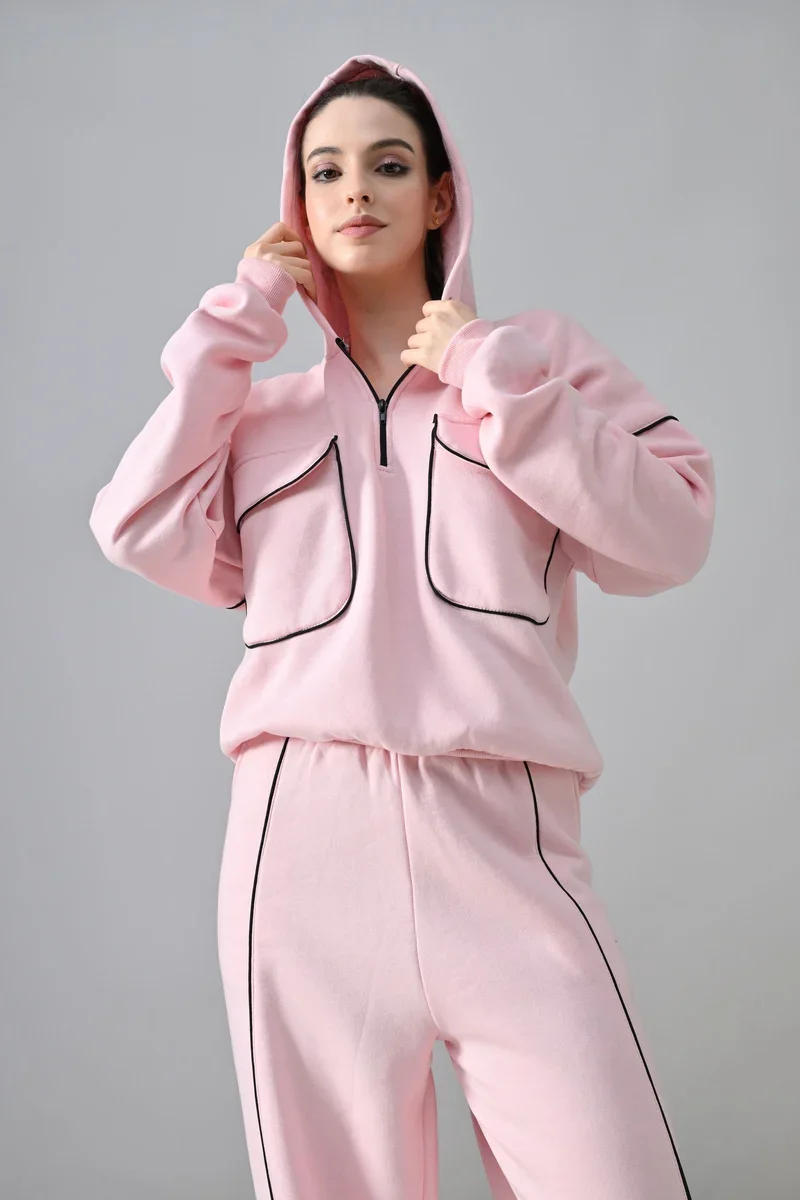 Piping detailed Pink Fleece oversized hoodie Co-ord Set.