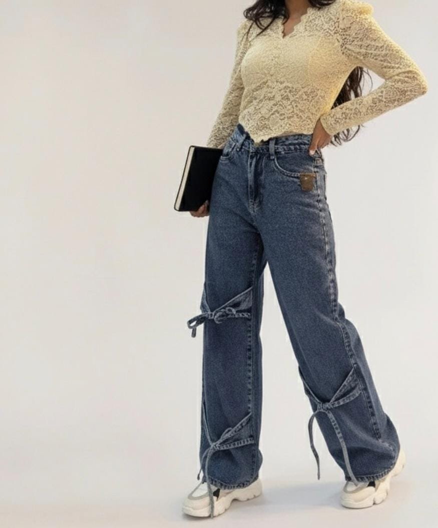 Bow-Detail Wide Leg Jeans