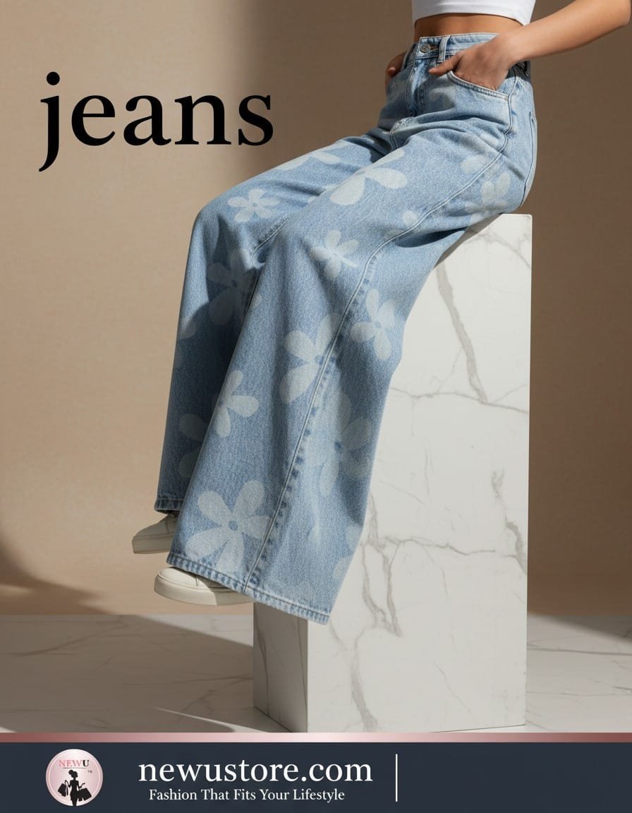 NewU Women's Light Wash Floral Print Wide-Leg Denim Jeans