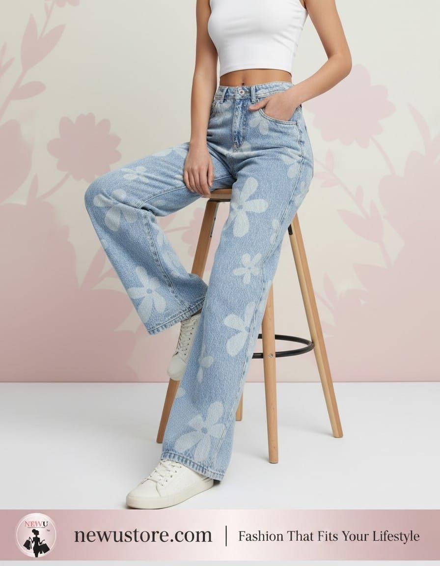 NewU Women's Light Wash Floral Print Wide-Leg Denim Jeans