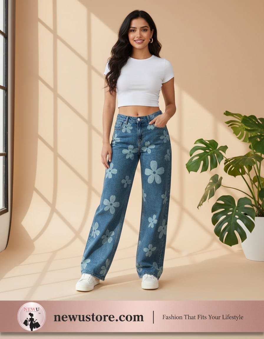 NewU Women’s Indigo Blue Floral Print Straight-Leg Denim Jeans