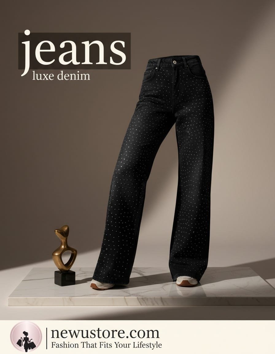 NewU Women's Luxe Black Rhinestone Embellished Wide-Leg Jeans